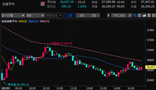 日経平均株価　5分足チャート　2024/9/5