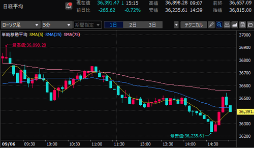 日経平均株価　5分足チャート　2024/9/6