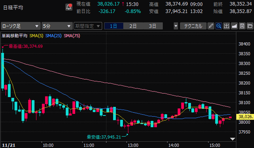 日経平均株価　5分足チャート　2024/11/21