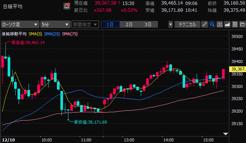 日経平均株価　5分足チャート　2024/12/10