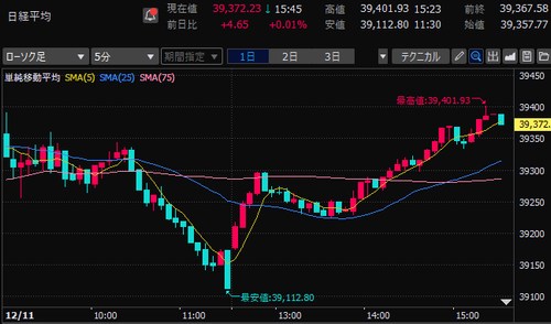 日経平均株価　5分足チャート　2024/12/11