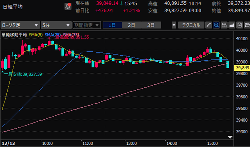 日経平均株価　5分足チャート　2024/12/11