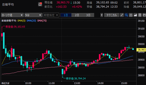 日経平均株価　5分足チャート　2025/2/12