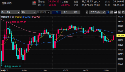 日経平均株価　5分足チャート　2025/2/17