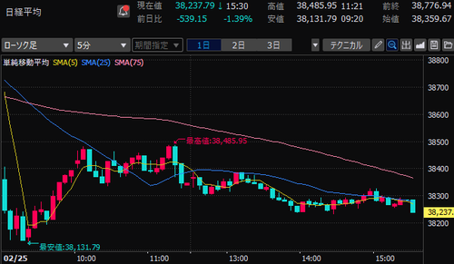 日経平均株価　5分足チャート　2025/2/25