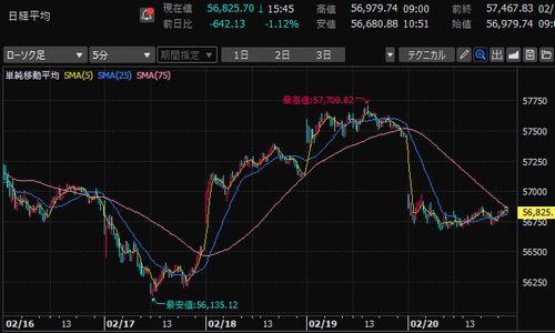 日経平均株価　5分足チャート　2026年2月第3週